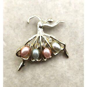 BALLERINA Brooch Pastel Pearls 1960s Vintage  Gold Tone